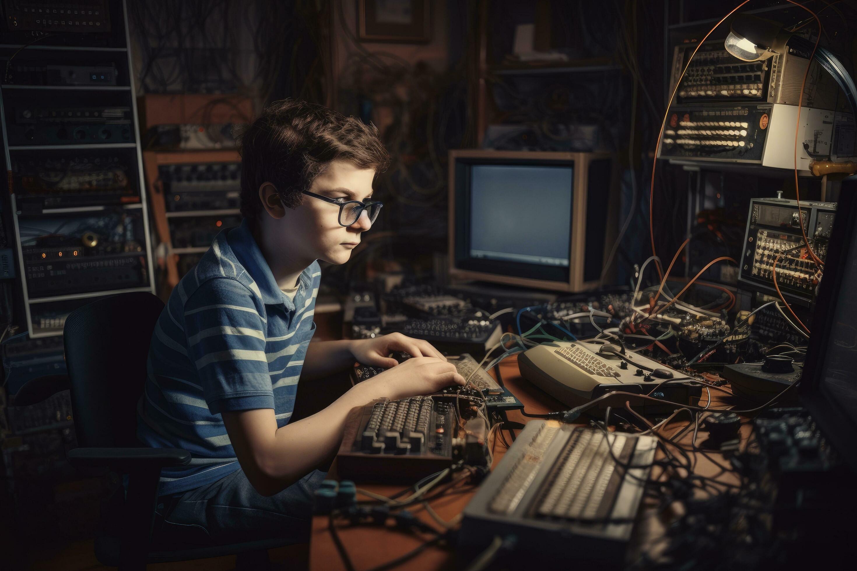 Portrait of a boy playing computer games in a dark room. a nerdy boy is ...