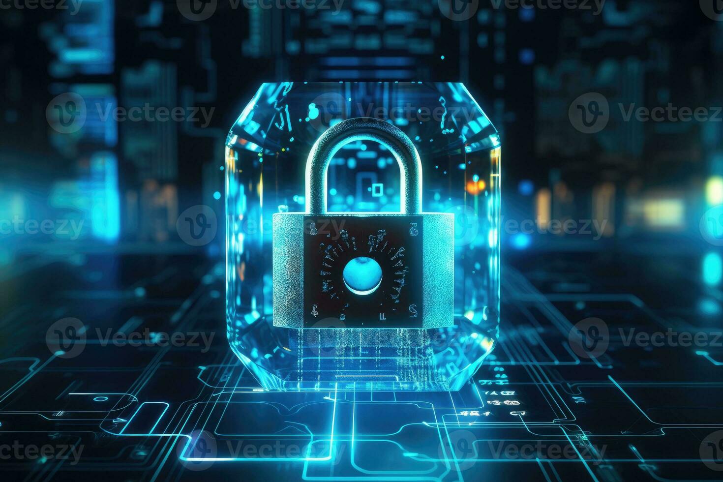 Cyber security concept. Lock on circuit board. 3d rendering, Cyber security concept hologram by a picture on background with padlock, AI Generated photo