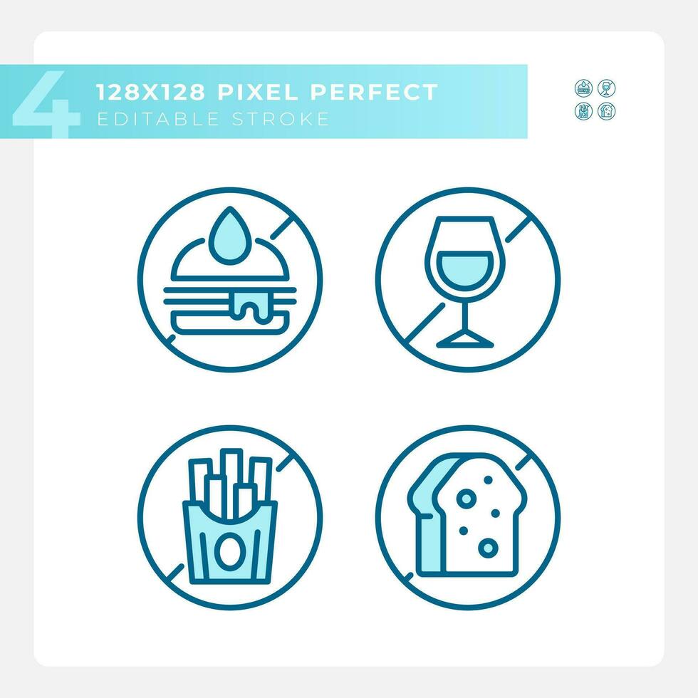 Pixel perfect blue simple icons collection representing allergen free, editable thin linear illustration. vector