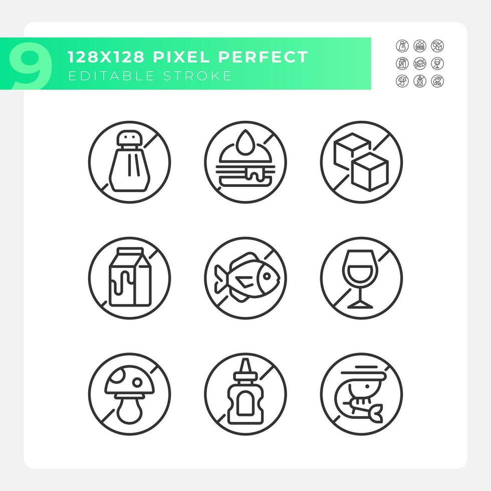 2D pixel perfect black icons set representing allergen free, editable thin linear illustration. vector