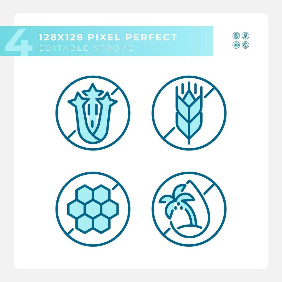 Pixel perfect blue icons set representing allergen free, editable thin linear illustration. vector