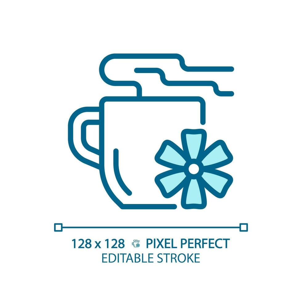 2D pixel perfect editable blue flower tea icon, isolated vector, thin line illustration representing allergen free. vector
