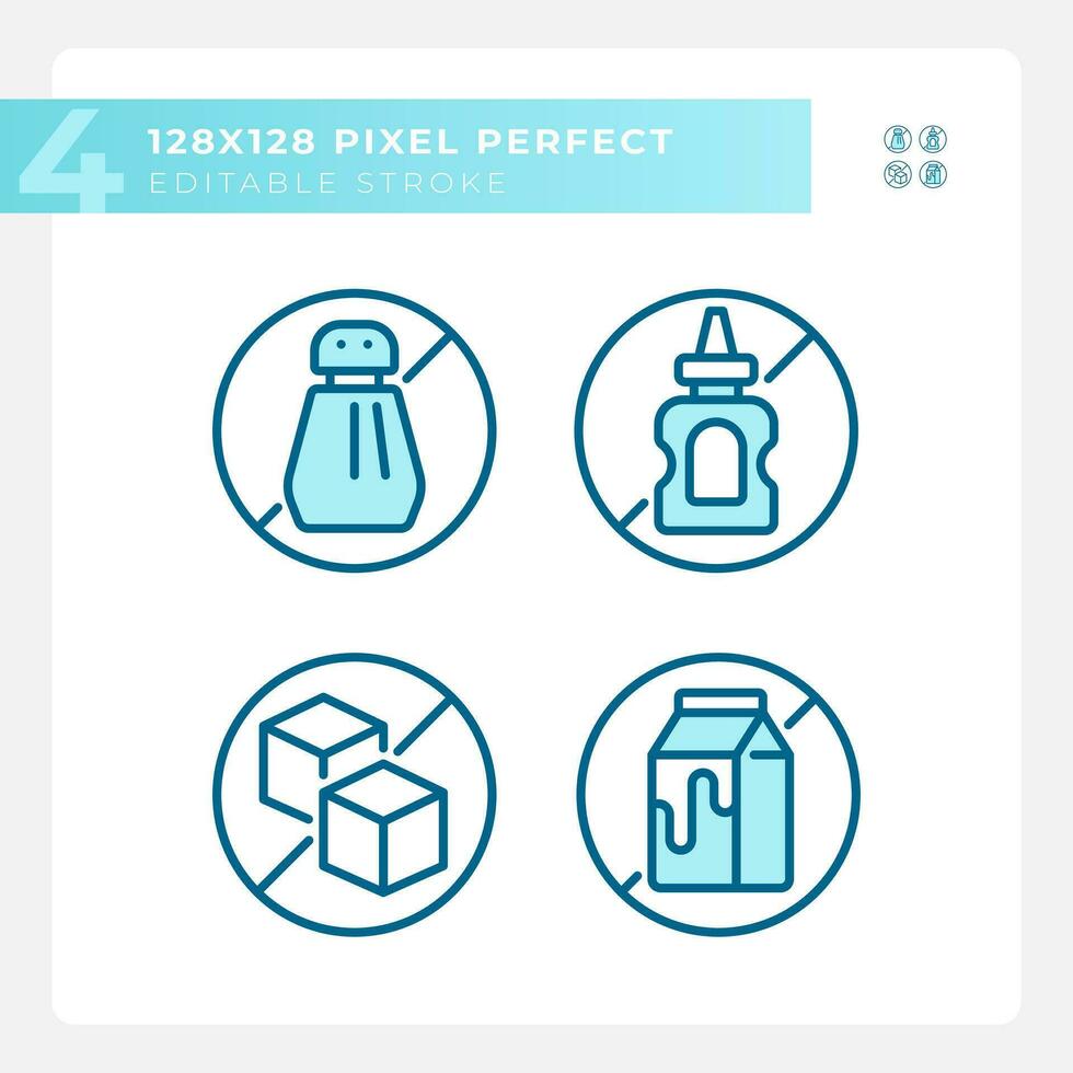 2D pixel perfect blue icons set representing allergen free, editable thin linear illustration. vector