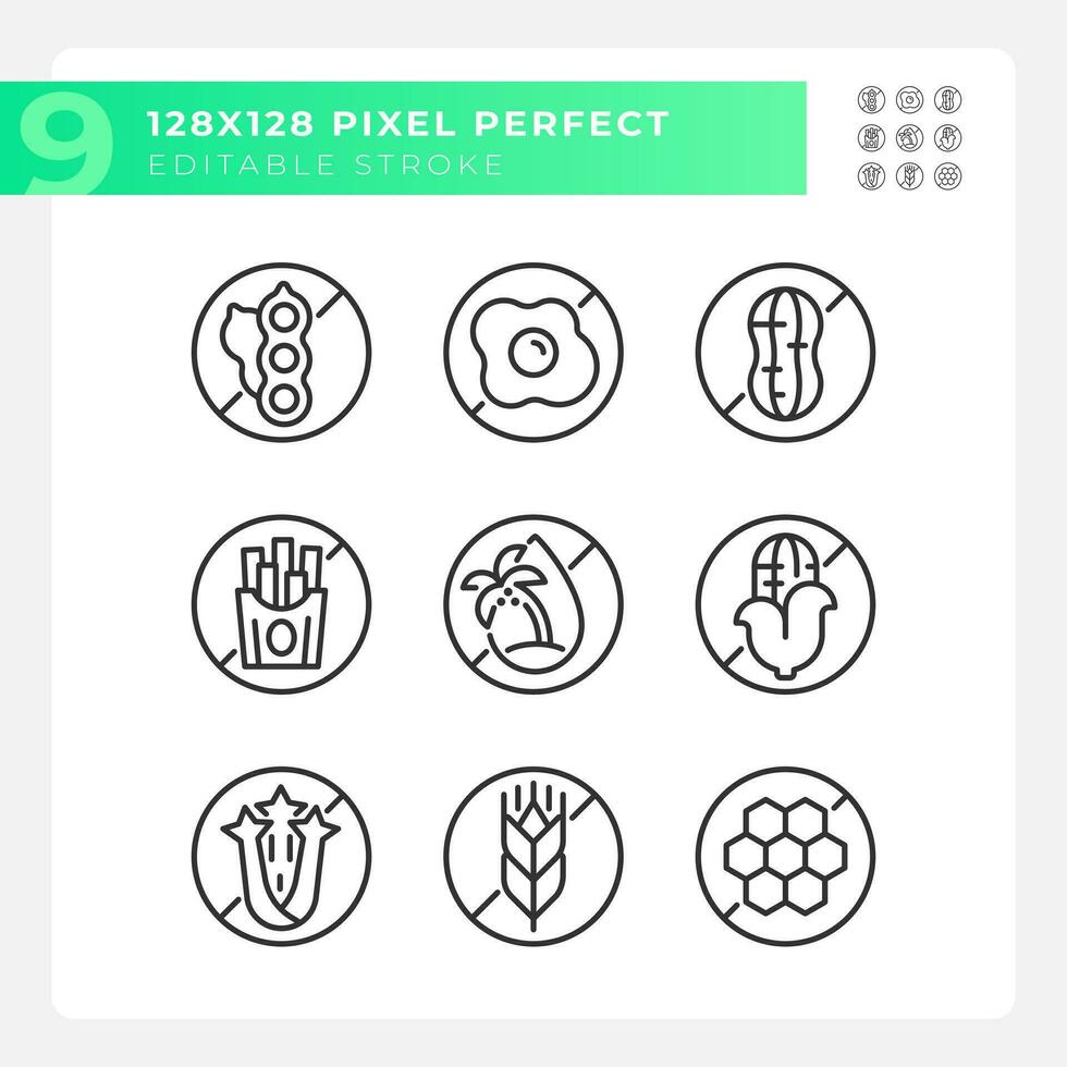 Pixel perfect black icons representing allergen free, editable thin line illustration set. vector