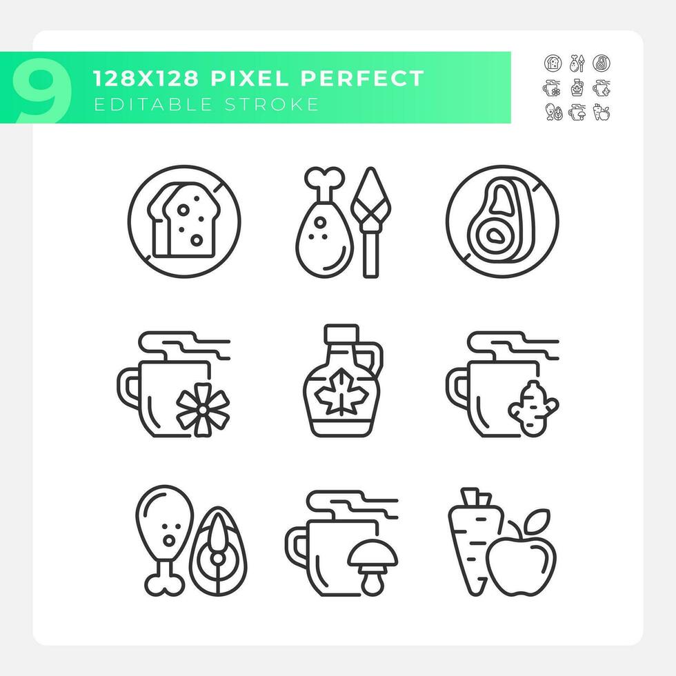 Pixel perfect black icons set of allergen free, editable thin linear illustration. vector