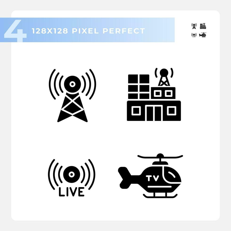 Pixel perfect glyph style simple icons collection representing journalism, black silhouette illustration vector