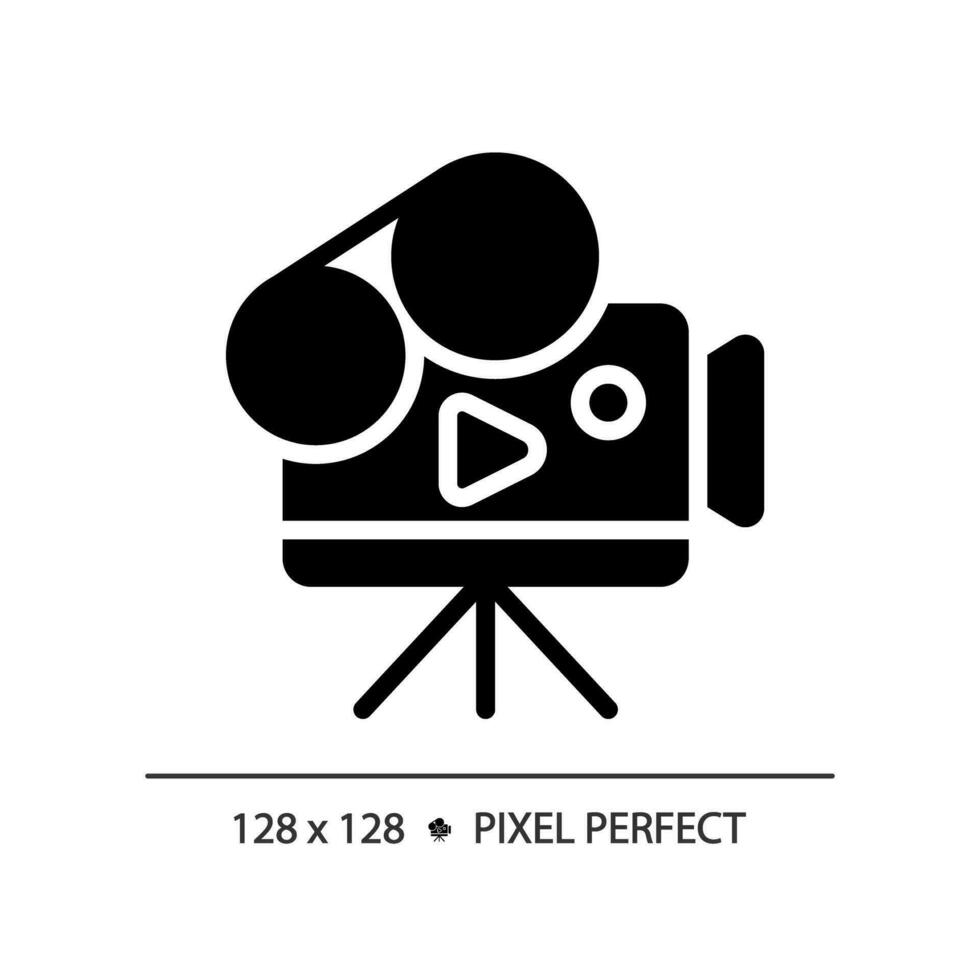 2D pixel perfect glyph style video camera icon, isolated vector, thin line illustration representing journalism. vector