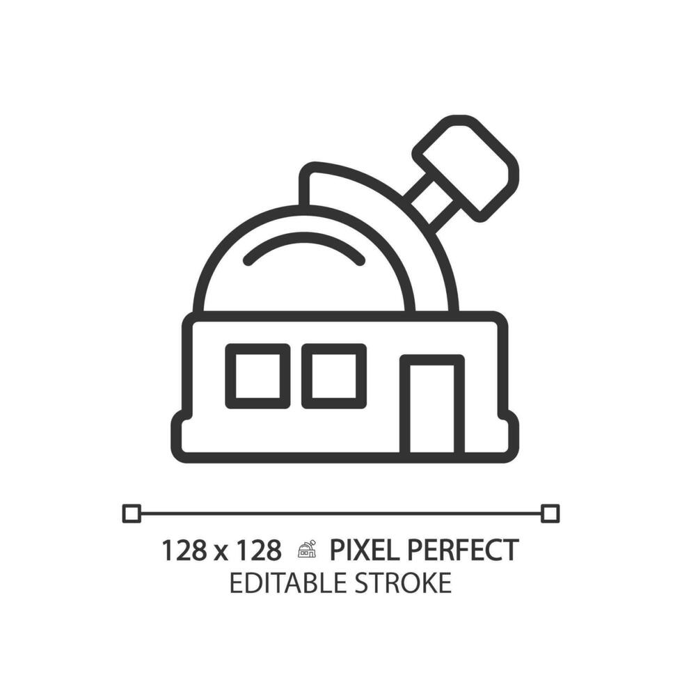 Observatory pixel perfect linear icon. Research facility. Space exploration. Astronomy education. Night sky. Thin line illustration. Contour symbol. Vector outline drawing. Editable stroke