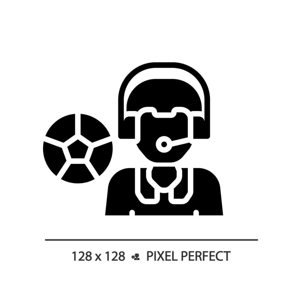 2D pixel perfect glyph style sport newscaster icon, isolated vector, thin line illustration representing journalism. vector