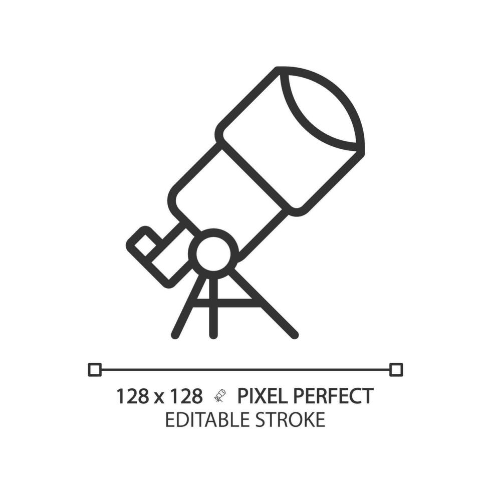 Telescope pixel perfect linear icon. Star gazing. Space discovery. Planetary science. Astronomy education. Thin line illustration. Contour symbol. Vector outline drawing. Editable stroke