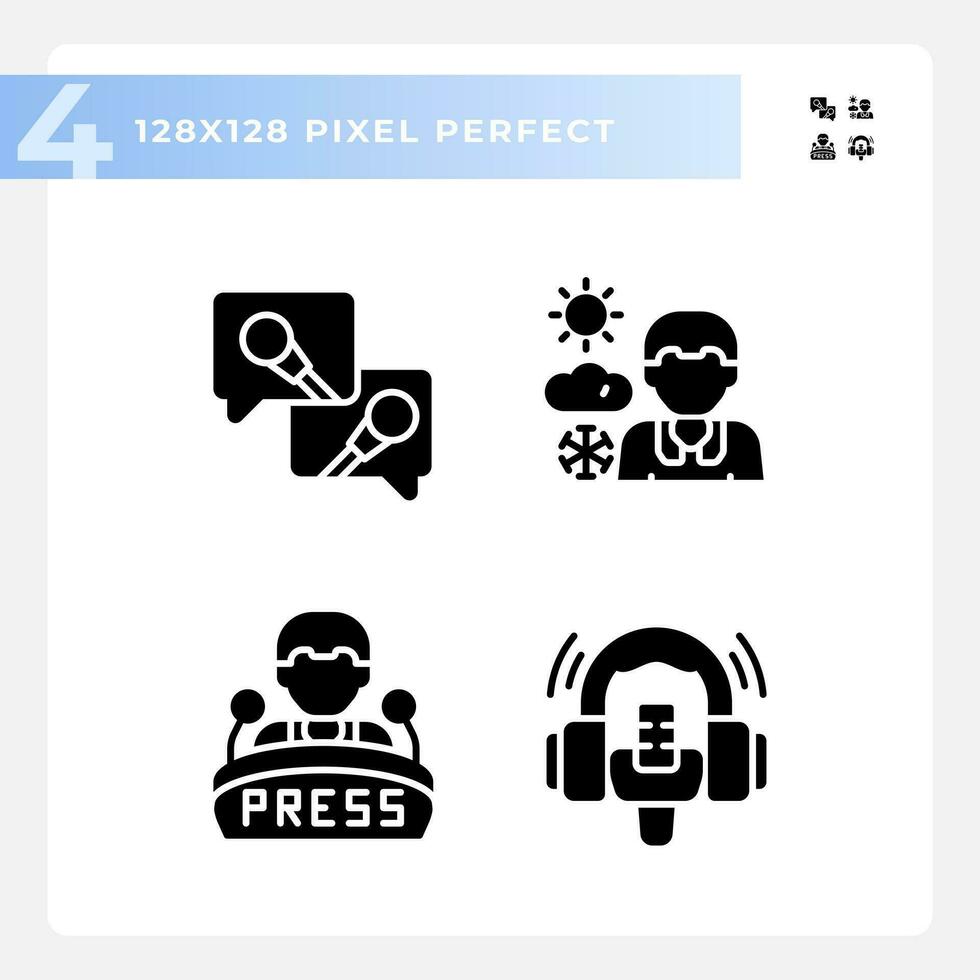 2D pixel perfect glyph style icons set representing journalism, black silhouette illustration vector