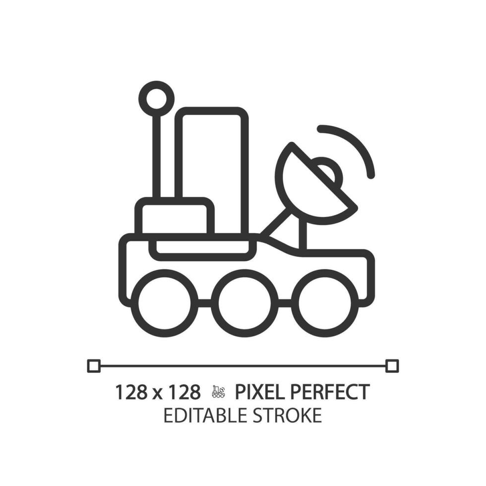 Lunar rover pixel perfect linear icon. Moon mission. Robotic vehicle. Space transport. Scientific exploration. Thin line illustration. Contour symbol. Vector outline drawing. Editable stroke