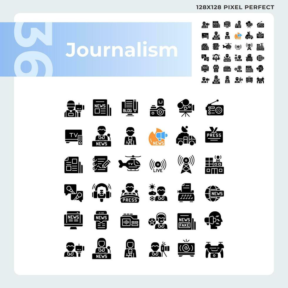 Pixel perfect glyph style icons set representing journalism, black silhouette illustration vector