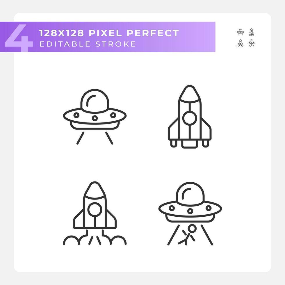 Extraterrestrial life pixel perfect linear icons set. Space exploration. First contact. Science fiction. Customizable thin line symbols. Isolated vector outline illustrations. Editable stroke