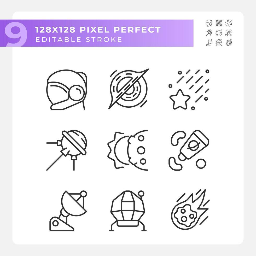 Space station pixel perfect linear icons set. Zero gravity. Celestial event. Science research. Customizable thin line symbols. Isolated vector outline illustrations. Editable stroke