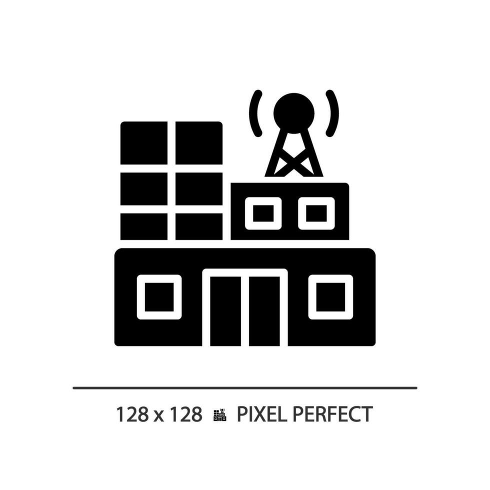 2D pixel perfect glyph style radio station building icon, isolated vector, thin line illustration representing journalism. vector