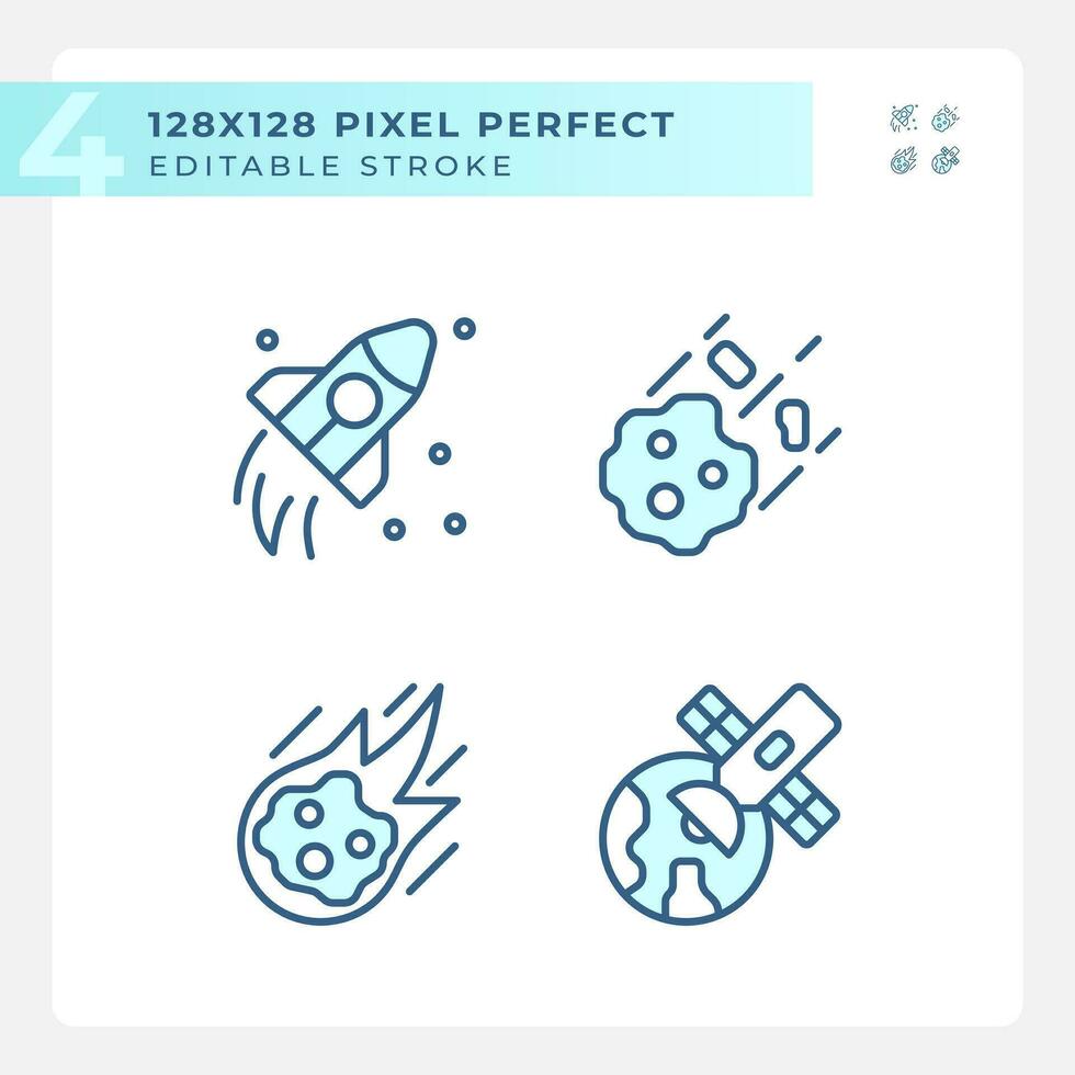 Cosmic exploration pixel perfect light blue icons. Space research. Futuristic technology. Astronomy science. RGB color. Website icons set. Simple design element. Contour drawing. Line illustration vector