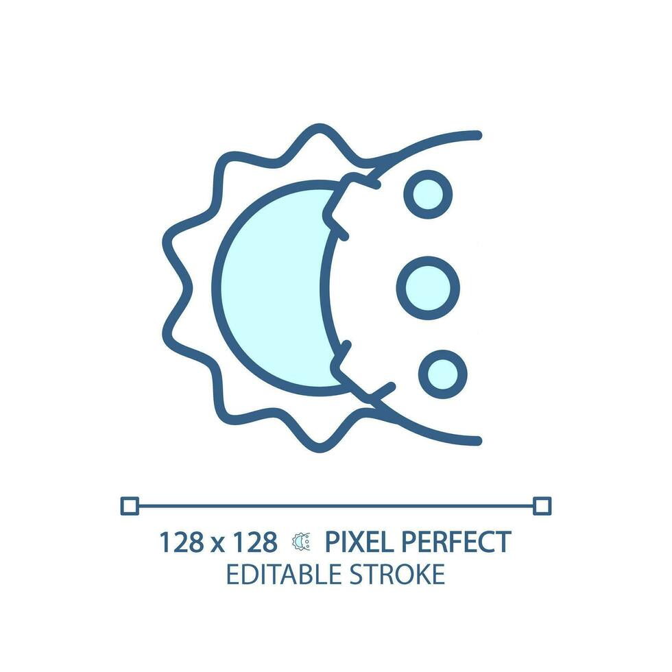 Solar eclipse pixel perfect light blue icon. Natural wonder. Sun and moon. Space science. Celestial event. RGB color sign. Simple design. Web symbol. Contour line. Flat illustration. Isolated object vector