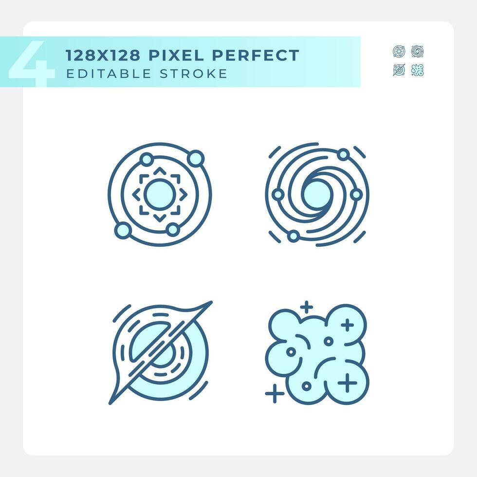 Outer space pixel perfect light blue icons. Cosmic phenomena. Celestial bodies. Astronomical discoveries. RGB color. Website icons set. Simple design element. Contour drawing. Line illustration vector