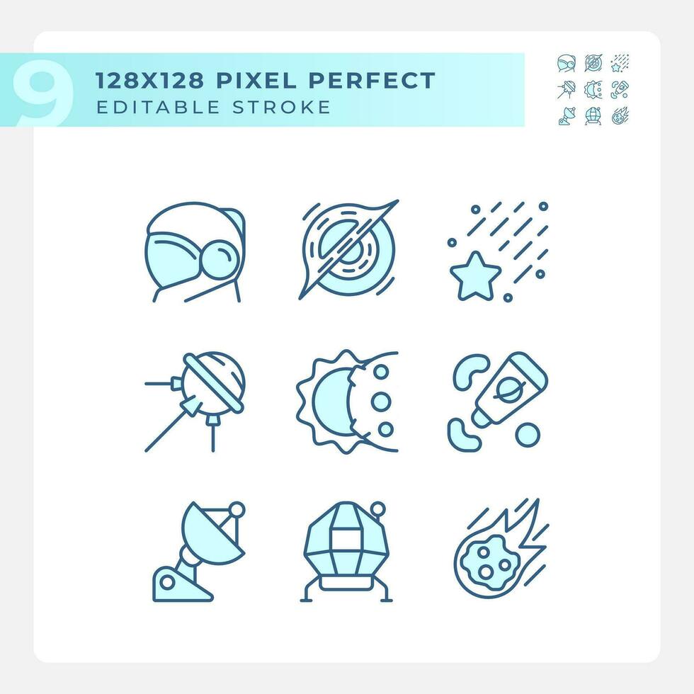 Space station pixel perfect light blue icons. Zero gravity. Celestial event. Science research. RGB color. Website icons set. Simple design element. Contour drawing. Line illustration vector