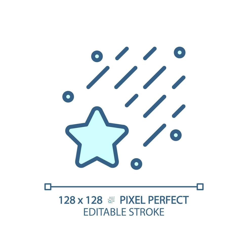 Falling star pixel perfect light blue icon. Meteor shower. Make a wish. Night sky. Celestial body. RGB color sign. Simple design. Web symbol. Contour line. Flat illustration. Isolated object vector