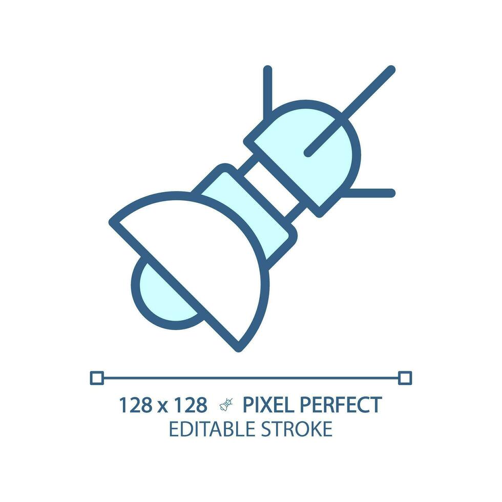 Space based radar pixel perfect light blue icon. Tracking system. Satellite technology. Earth observation. RGB color sign. Simple design. Web symbol. Contour line. Flat illustration. Isolated object vector