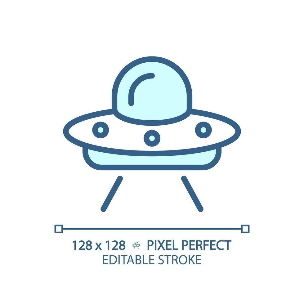 Ufo pixel perfect light blue icon. Unidentified flying object. Extraterrestrial life. I want to believe. RGB color sign. Simple design. Web symbol. Contour line. Flat illustration. Isolated object vector