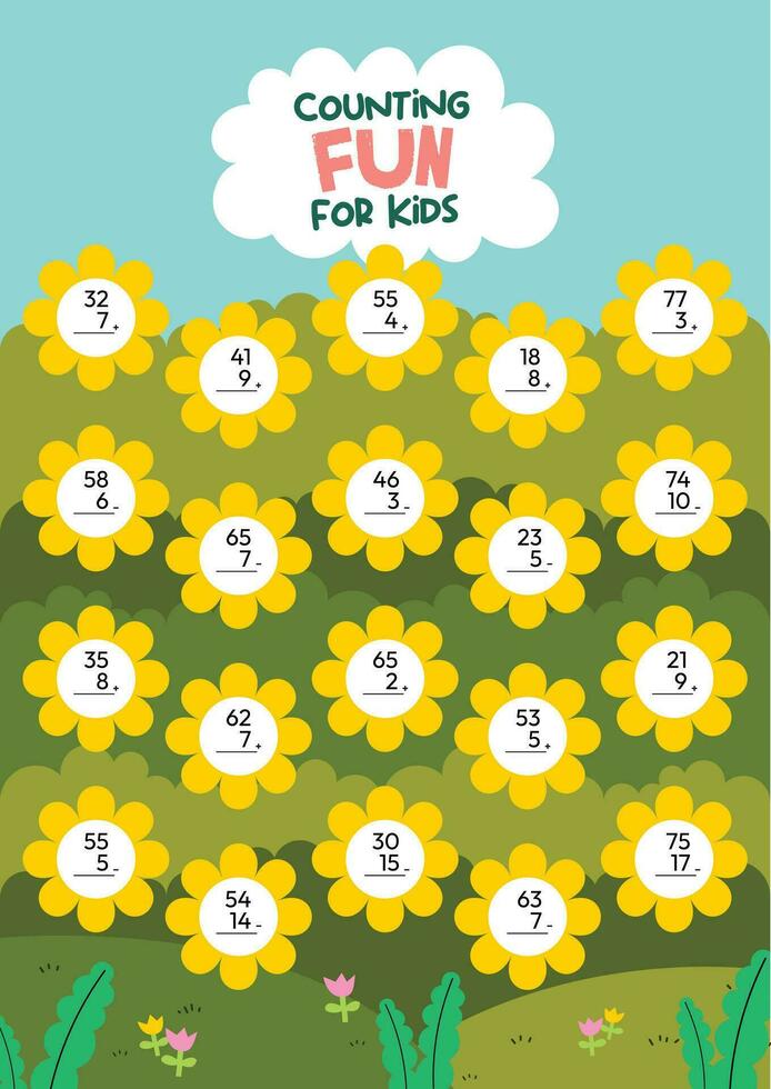 flat design vector cute counting numbers printable worksheet for kids activity