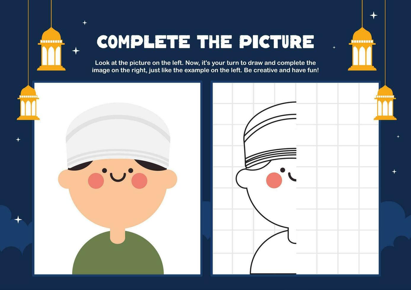 flat design vector cute muslim kids drawing printable worksheet for kids activity