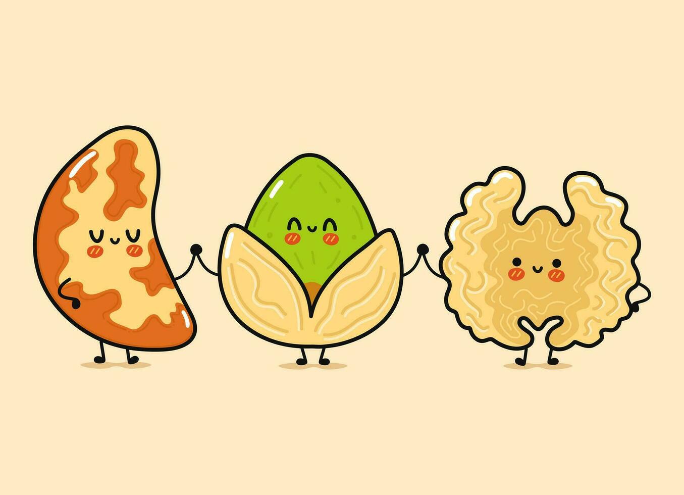 Cute, funny happy Brazilian nut, Pistachio and Walnut nut vector