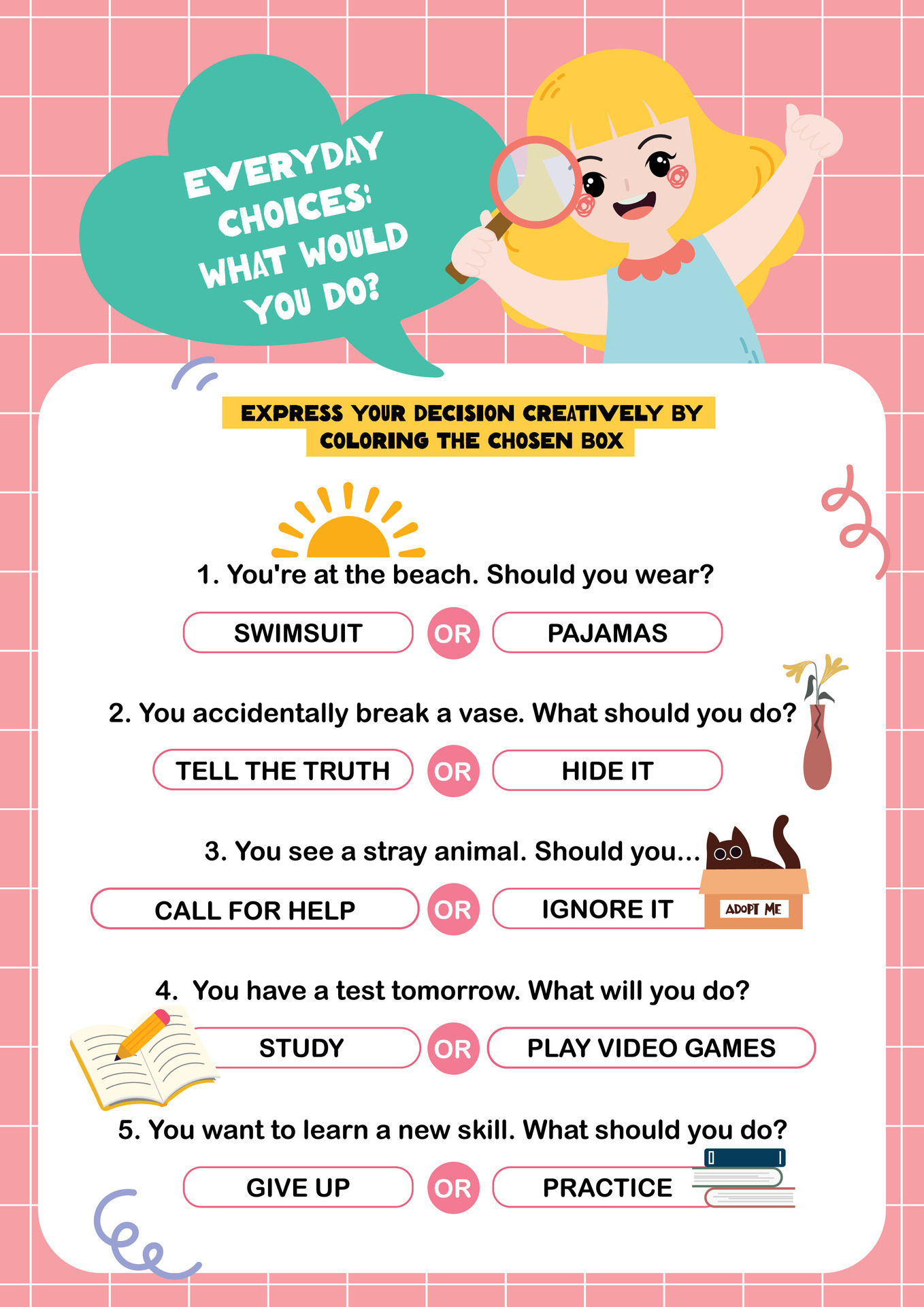 flat design vector cute colorful decision making printable worksheet ...