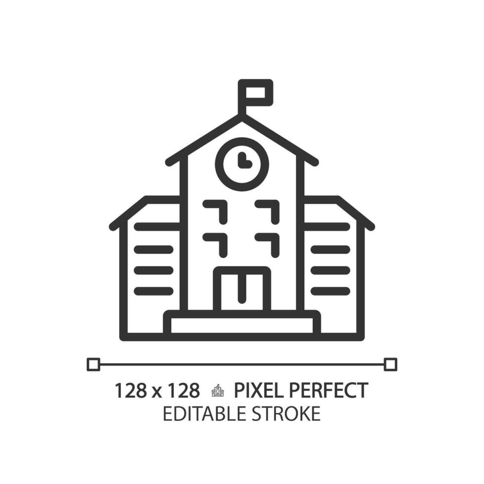 2D pixel perfect editable black school icon, isolated vector, building thin line illustration. vector