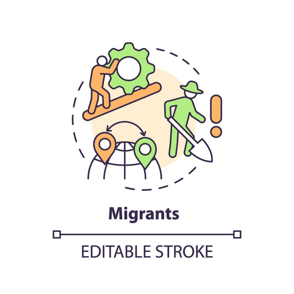 Migrants multi color concept icon. Harvesting crop. Agricultural worker. Poor working conditions. Manual labor. Hard work. Round shape line illustration. Abstract idea. Graphic design. Easy to use vector