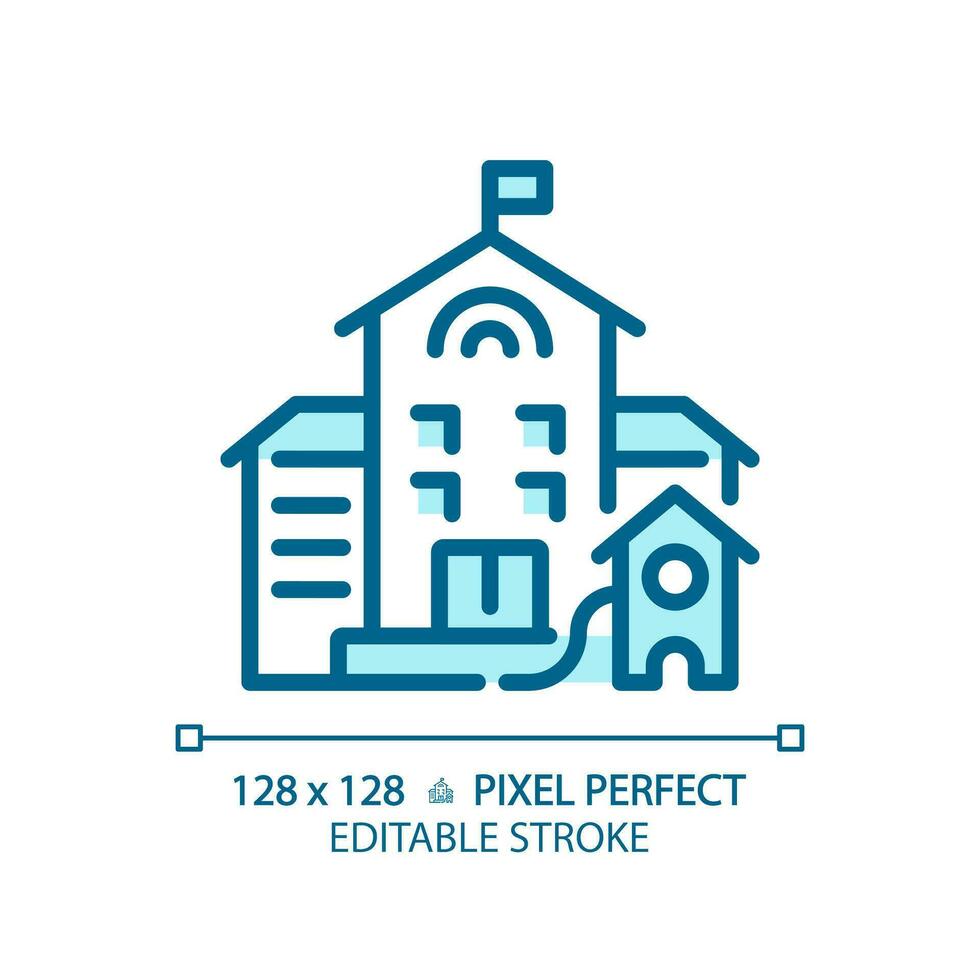 2d píxel Perfecto editable azul edificio con bandera icono, aislado vector, edificio Delgado línea ilustración. vector