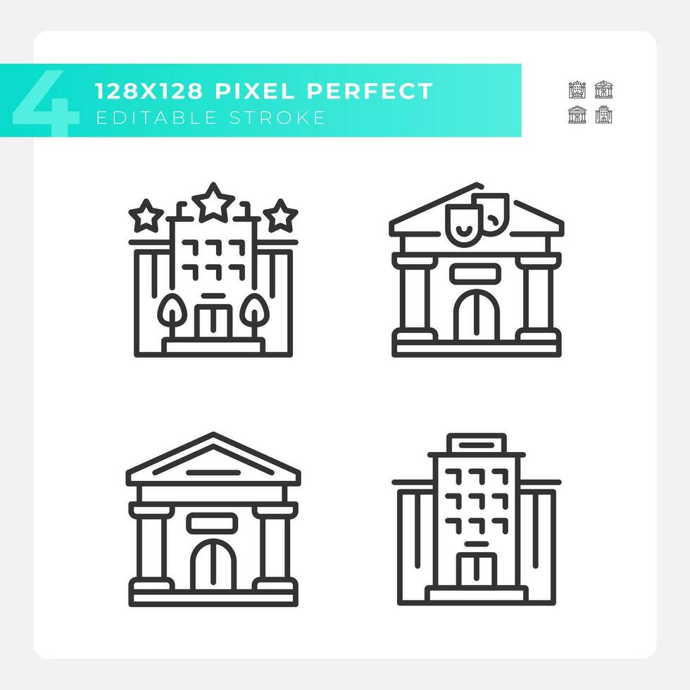 2D pixel perfect black icons set representing buildings, editable thin line illustration. vector