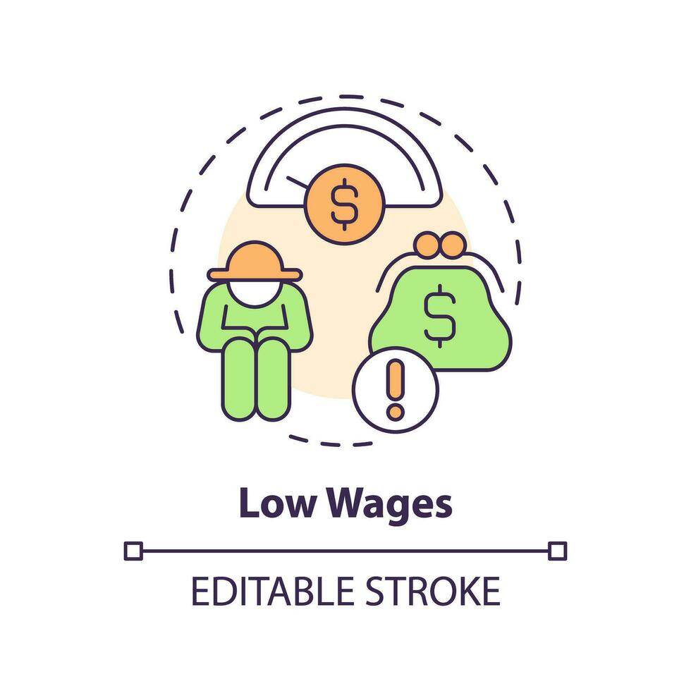 Low wages multi color concept icon. Minimal income. No money. Manual work. Financial problem. Farm worker. Labor market. Round shape line illustration. Abstract idea. Graphic design. Easy to use vector