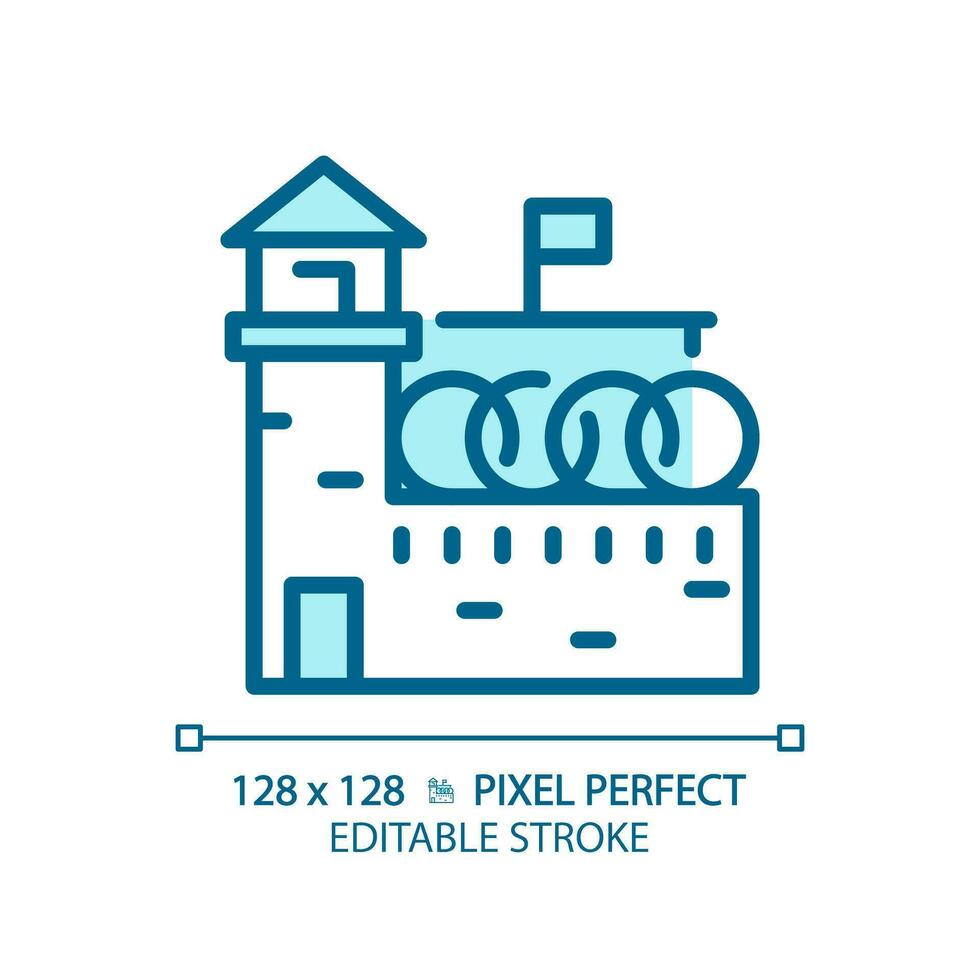 2d píxel Perfecto editable azul prisión icono, aislado vector, edificio Delgado línea ilustración. vector