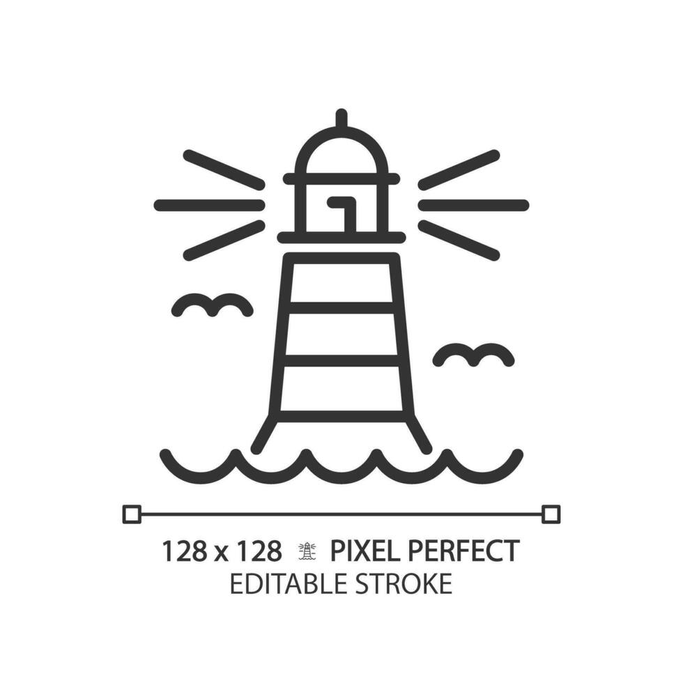 2D pixel perfect editable black lighthouse icon, isolated vector, building thin line illustration. vector