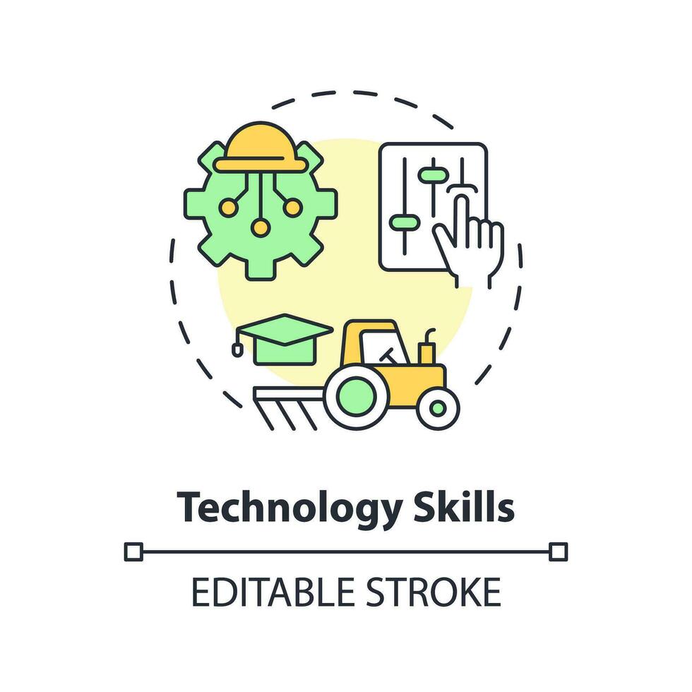 Technology skills multi color concept icon. Data analysis. Farm machinery. New tools. Farming equipment. Rural development. Round shape line illustration. Abstract idea. Graphic design. Easy to use vector