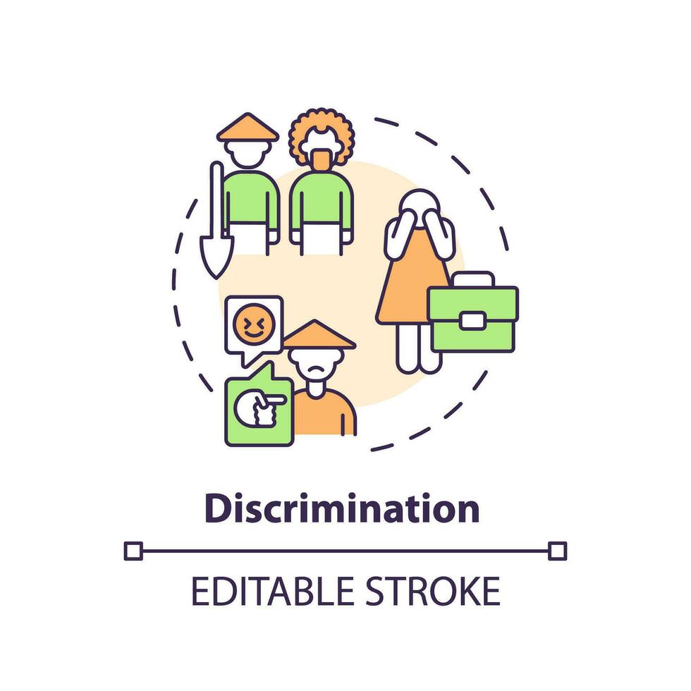 Discrimination multi color concept icon. Gender inequality. Migrant worker. Agriculture employee. Labor market. Round shape line illustration. Abstract idea. Graphic design. Easy to use vector