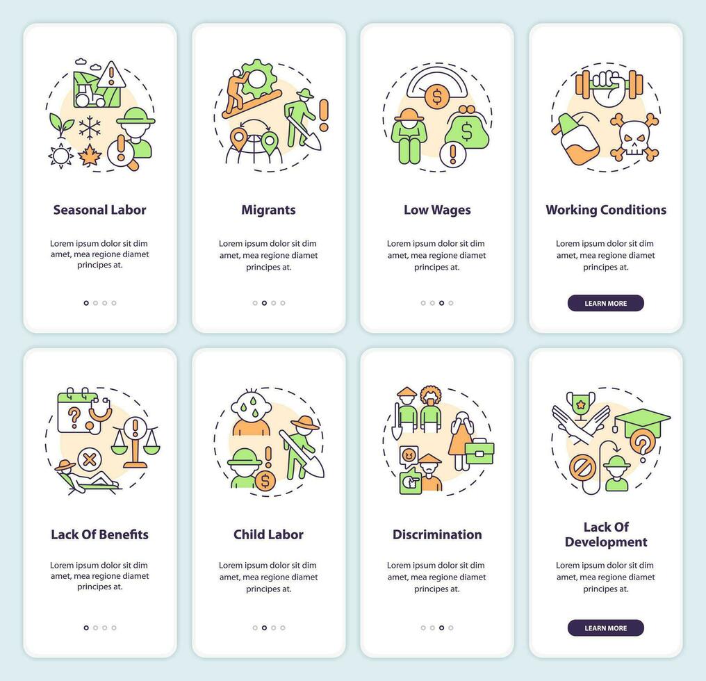 Labor issues in agriculture sector onboarding mobile app screen set. Walkthrough 4 steps editable graphic instructions with linear concepts. UI, UX, GUI template vector