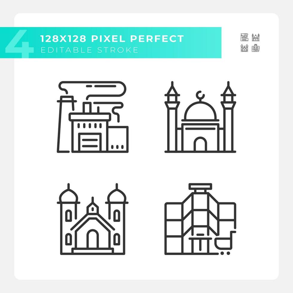 Pixel perfect black icons set representing various buildings, editable thin line illustration. vector