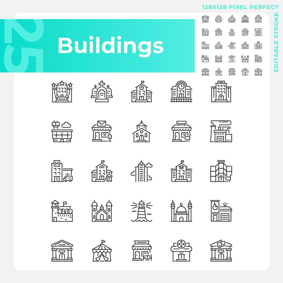 Pixel perfect black icons set representing various buildings, editable thin line illustration. vector