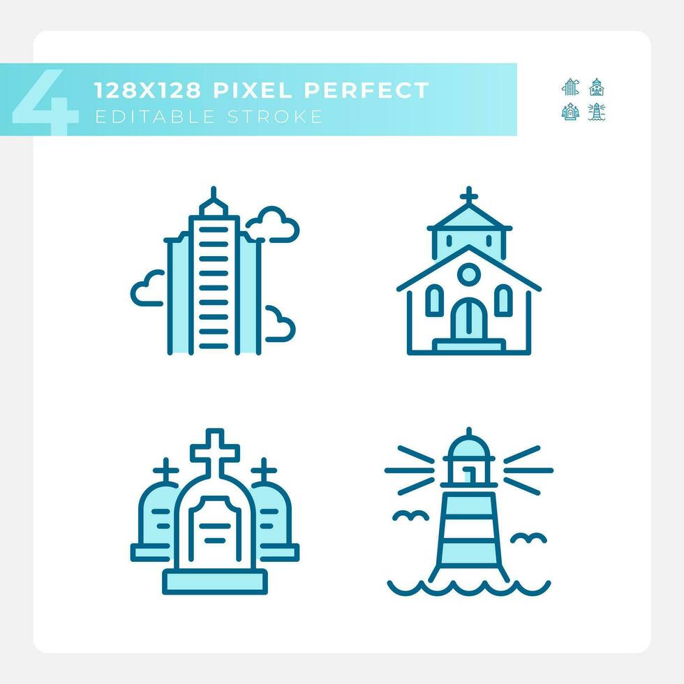 Blue icons set representing various buildings, editable thin line illustration. vector