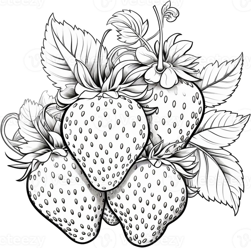 Black and White Cartoon  Illustration of Strawberry Fruit, berry, flowers Food Object for Coloring Book png
