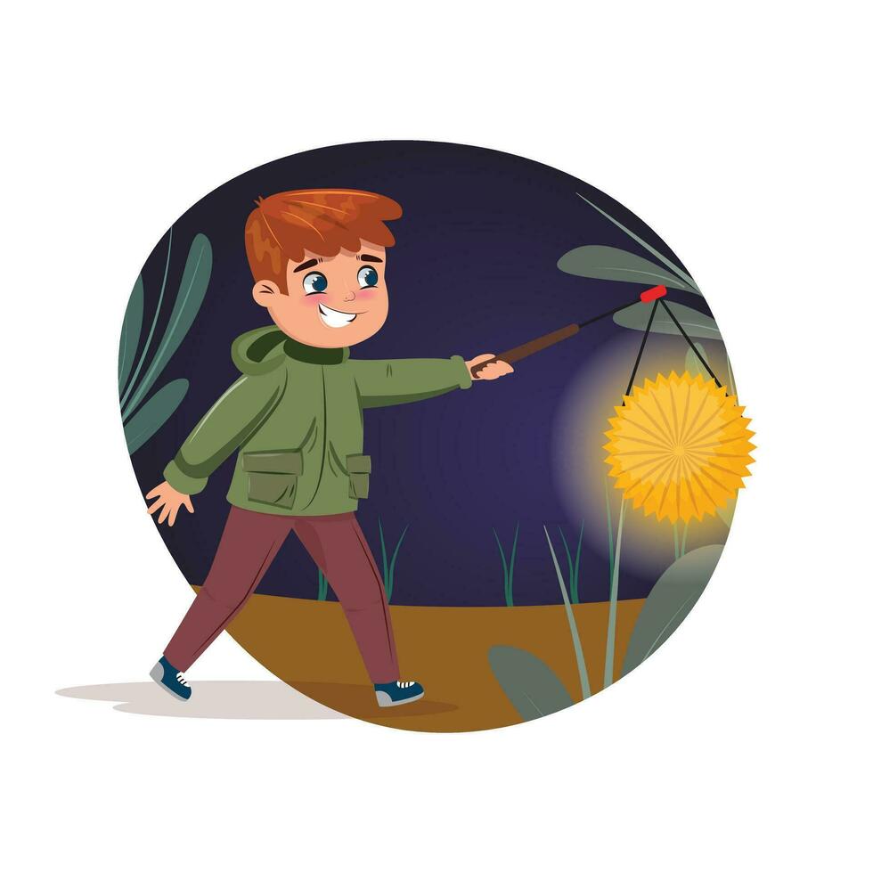 Lantern walk for Saint Martin. Child with a lantern walking at night vector