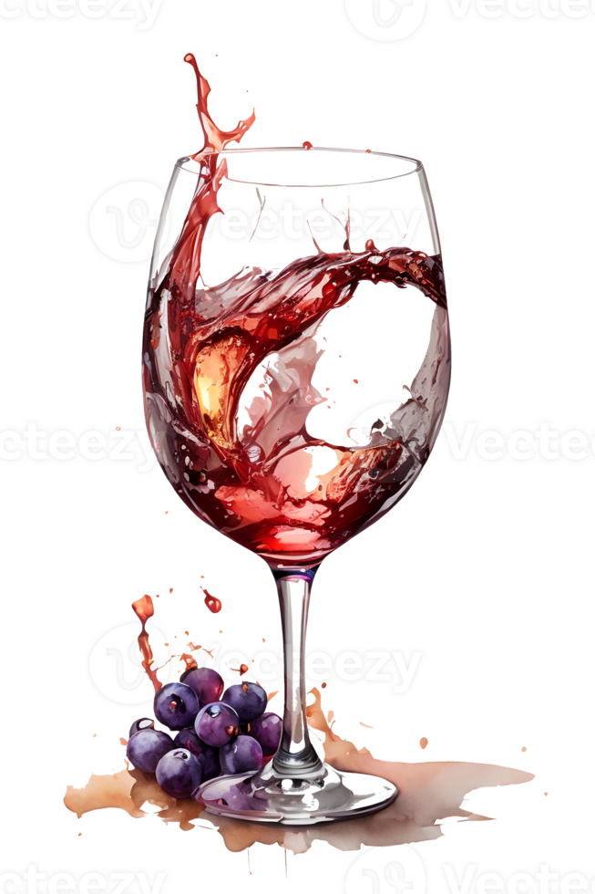 Red wine splashing out of a glass. Watercolor illustration. AI generative png