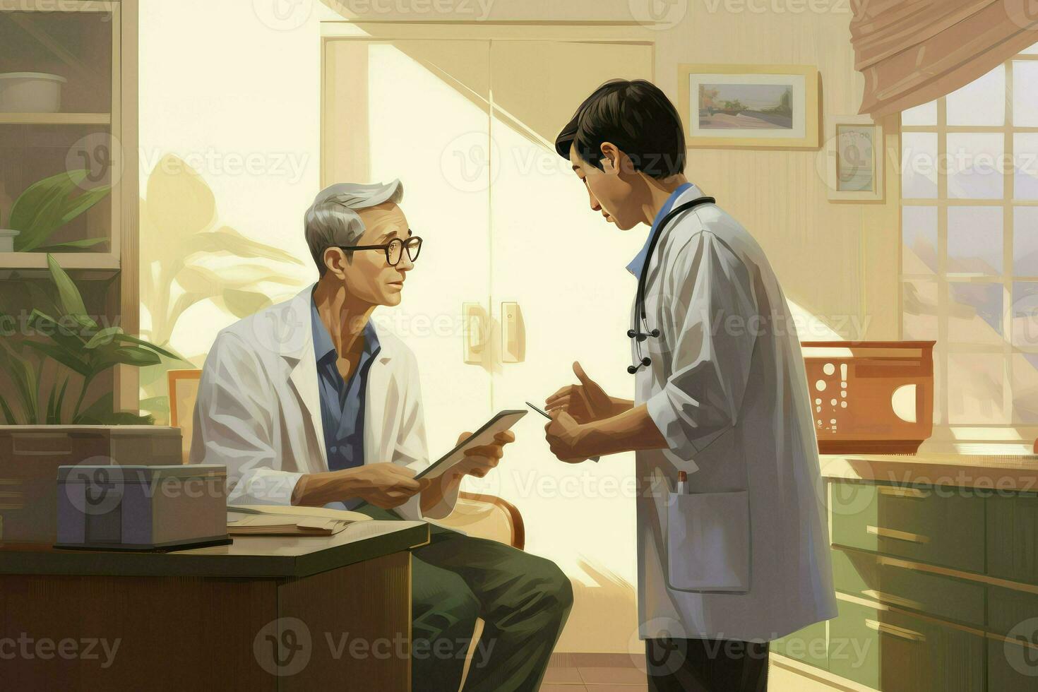 Patient in the doctor office. Doctor consultation. Visit. Modern clinic. Diagnosis. Cartoon illustration. Doctor appointment, AI Generated photo