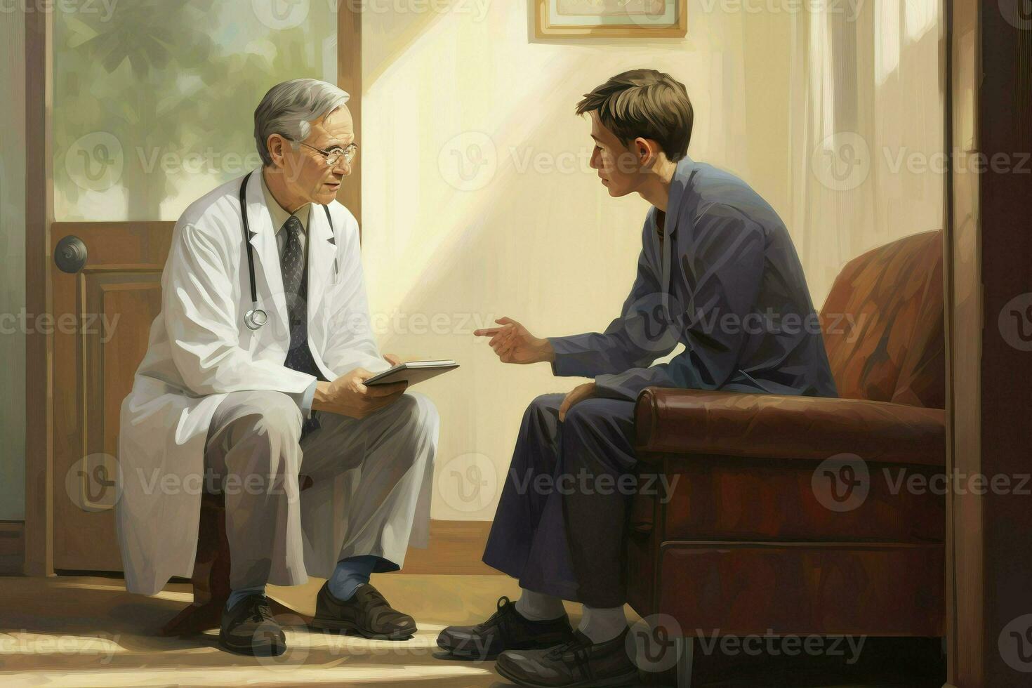 Patient in the doctor office. Doctor consultation. Visit. Modern clinic. Diagnosis. Cartoon illustration. Doctor appointment, AI Generated photo