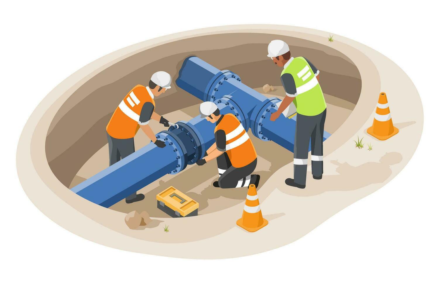 underground water pipe construction engineering inspection and worker working maintenance isometric isolated cartoon vector